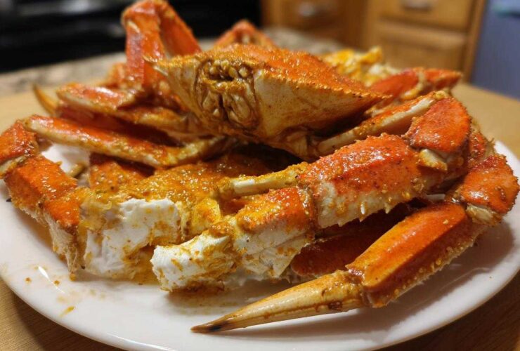 A pile of bright orange crab legs coated in Old Bay Butter Steamed Crab Legs seasoning on a white plate.