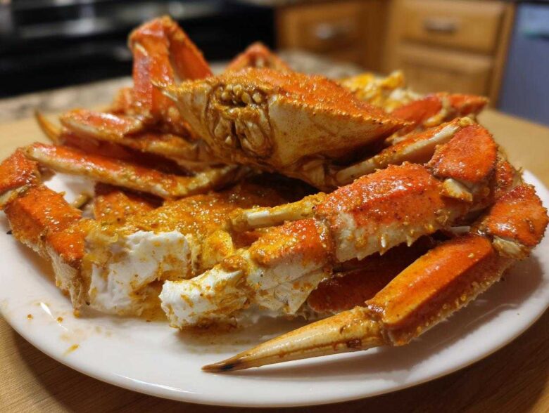 A pile of bright orange crab legs coated in Old Bay Butter Steamed Crab Legs seasoning on a white plate.