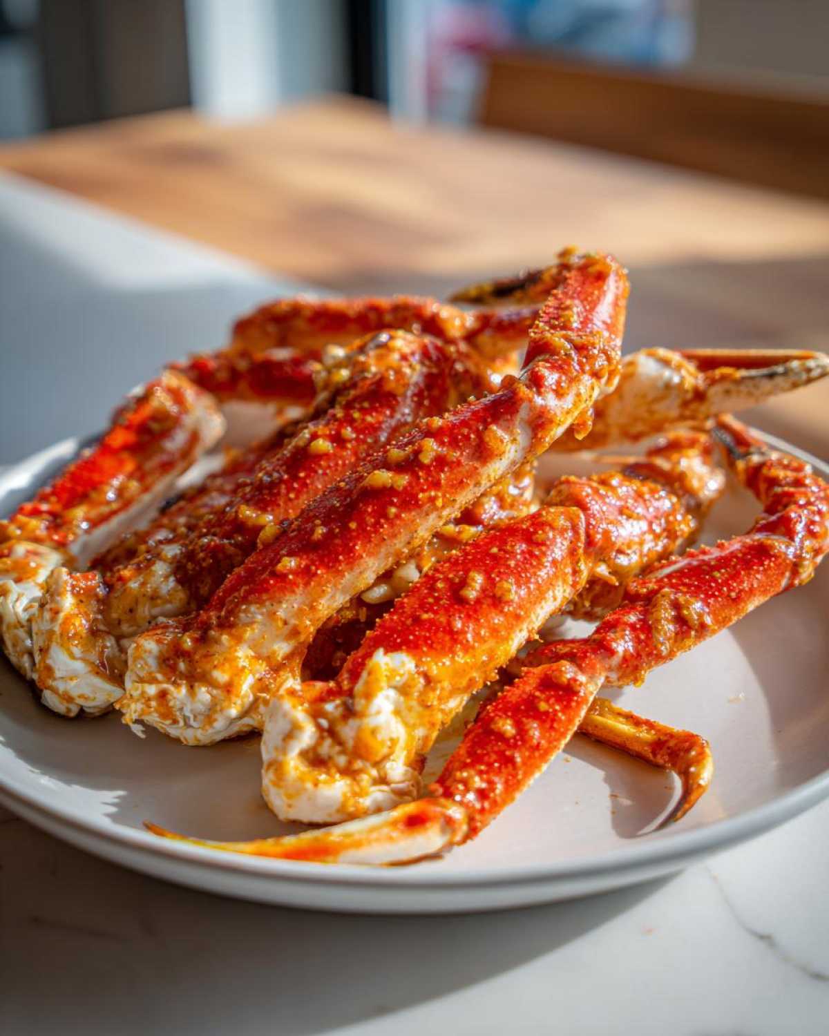 A pile of bright red Old Bay Butter Steamed Crab Legs coated in seasoned butter on a white plate.
