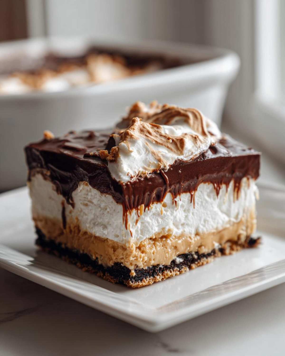 A decadent slice of the Peanut Butter Chocolate 7-Layer Dip dessert showing distinct layers of crust, peanut butter filling, whipped topping, and chocolate ganache.