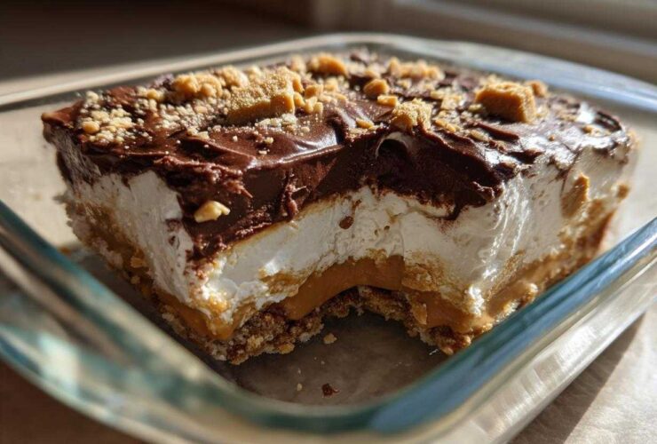A square slice of rich Dessert 7-Layer Dip (Peanut Butter and Chocolate) showing layers of crust, peanut butter, cream, and chocolate topping.