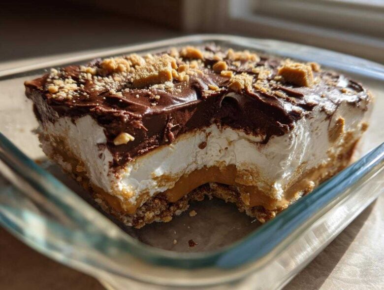 A square slice of rich Dessert 7-Layer Dip (Peanut Butter and Chocolate) showing layers of crust, peanut butter, cream, and chocolate topping.