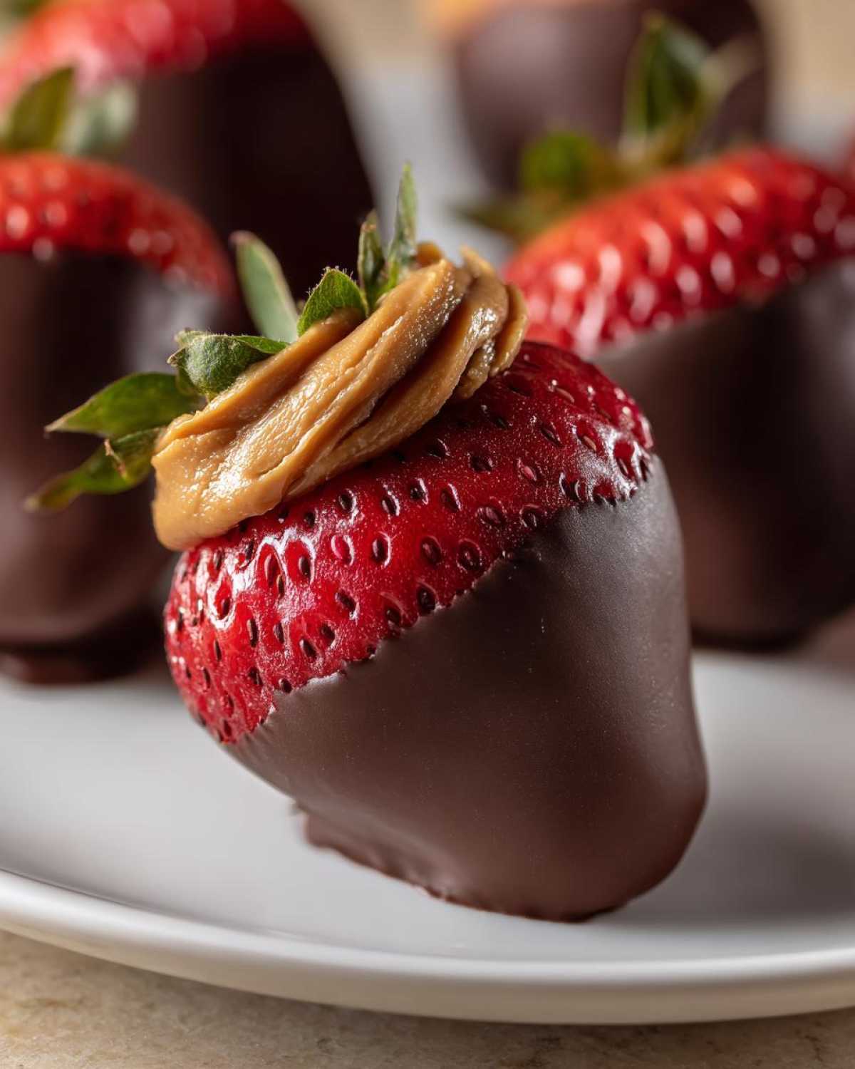 Close-up of a Peanut Butter Stuffed Chocolate Strawberry topped with a swirl of peanut butter.