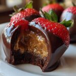 Close-up of a Peanut Butter Stuffed Chocolate Strawberry cut open showing the creamy filling.