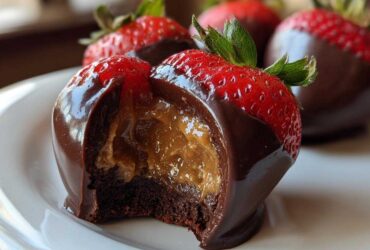 Close-up of a Peanut Butter Stuffed Chocolate Strawberry cut open showing the creamy filling.