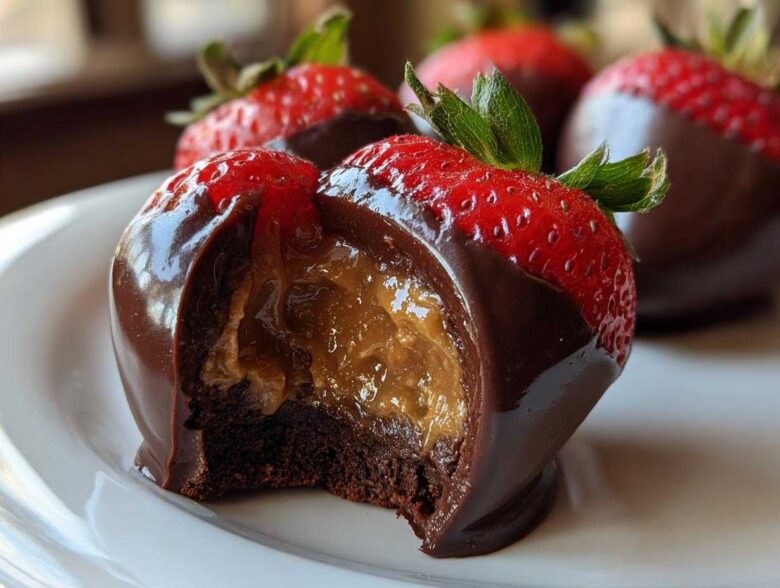 Close-up of a Peanut Butter Stuffed Chocolate Strawberry cut open showing the creamy filling.