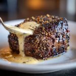 A perfectly cooked Peppercorn Crusted Filet Mignon being drizzled with creamy sauce from a spoon.