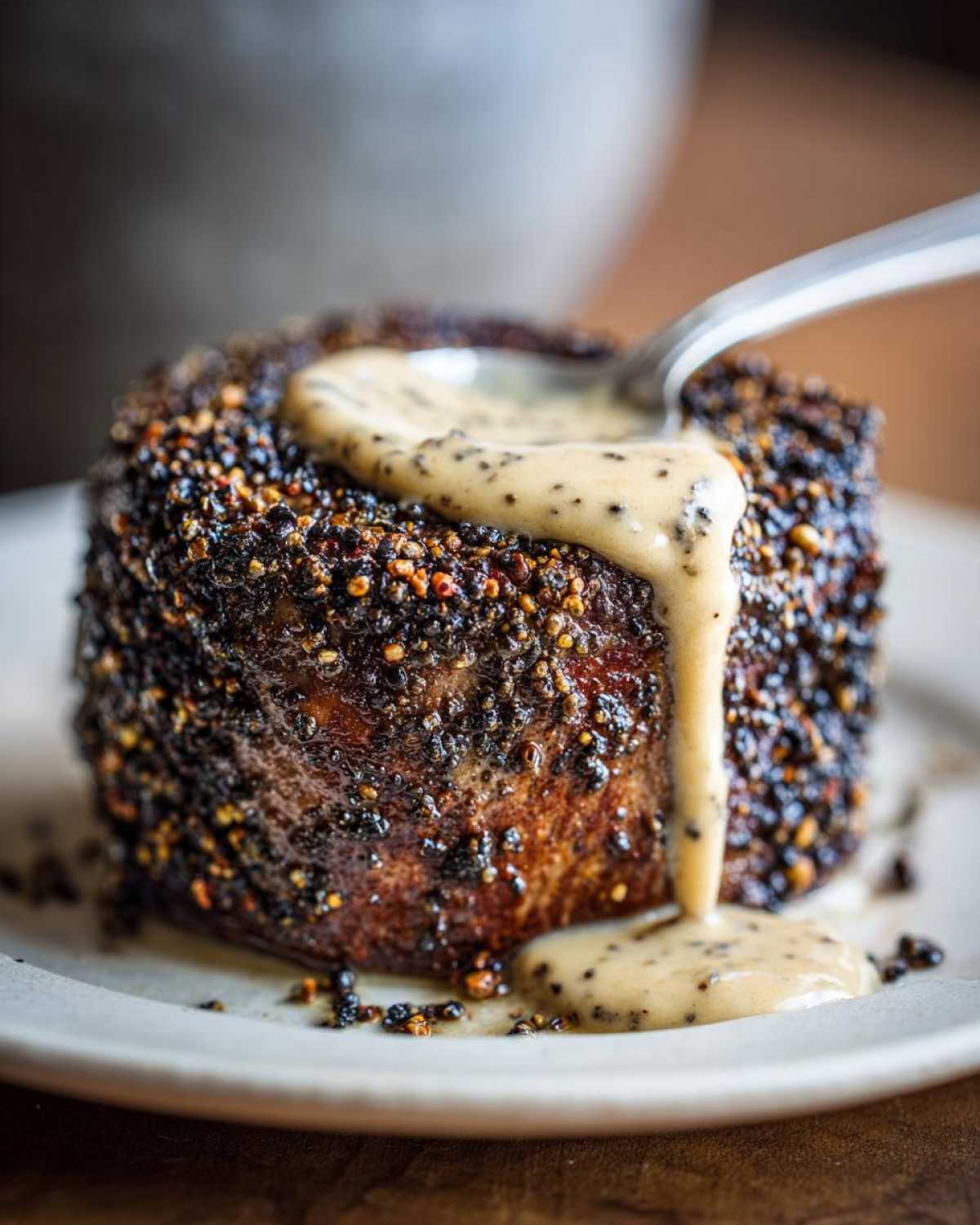 Close-up of a thick Peppercorn Crusted Filet Mignon being drizzled with creamy pan sauce.