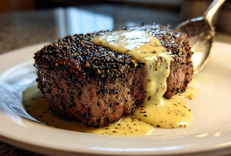 A perfectly cooked Peppercorn Crusted Filet Mignon topped with a creamy, speckled sauce on a white plate.