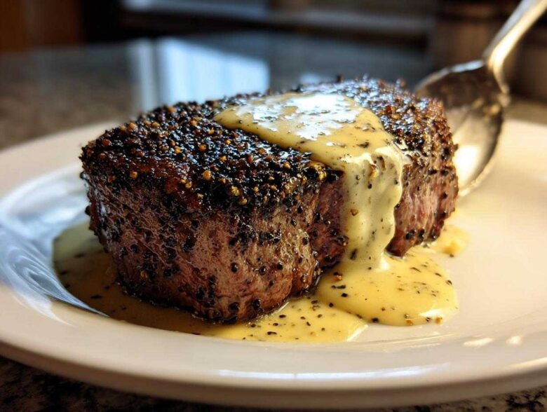A perfectly cooked Peppercorn Crusted Filet Mignon topped with a creamy, speckled sauce on a white plate.
