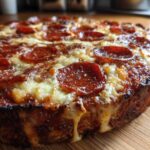 A close-up, low-angle view of a baked 7-Layer Pizza Dip topped with melted cheese and pepperoni slices.