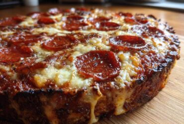 A close-up, low-angle view of a baked 7-Layer Pizza Dip topped with melted cheese and pepperoni slices.