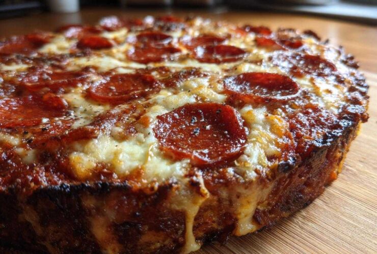 A close-up, low-angle view of a baked 7-Layer Pizza Dip topped with melted cheese and pepperoni slices.