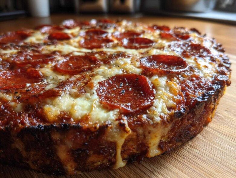 A close-up, low-angle view of a baked 7-Layer Pizza Dip topped with melted cheese and pepperoni slices.