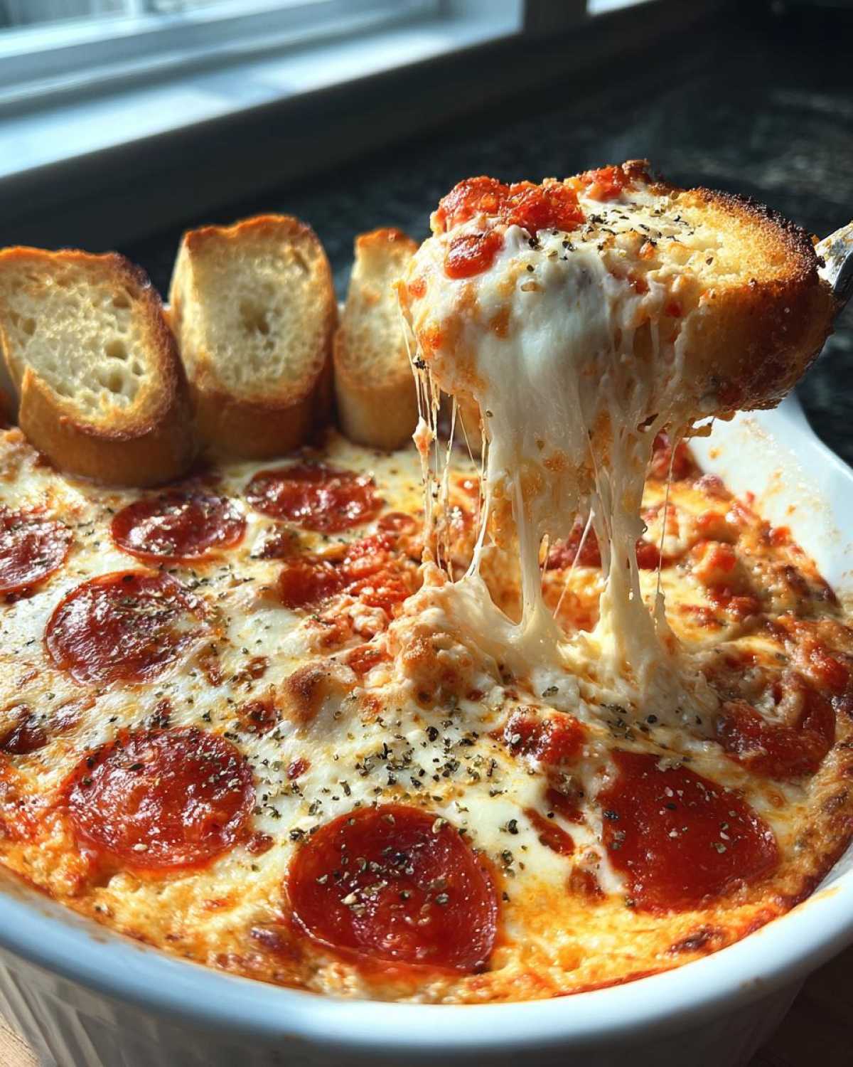 A spoonful of hot Pepperoni Pizza Dip is lifted, showing extreme cheese pull, served with garlic bread dippers.