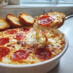 A spoonful of hot, cheesy Pepperoni Pizza Dip being lifted, showing long cheese pulls, served with garlic bread dippers.