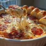 A spoonful of hot Pepperoni Pizza Dip showing a long, gooey cheese pull, served with garlic bread dippers.
