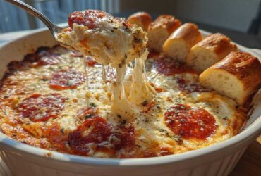 A spoonful of hot Pepperoni Pizza Dip showing a long, gooey cheese pull, served with garlic bread dippers.
