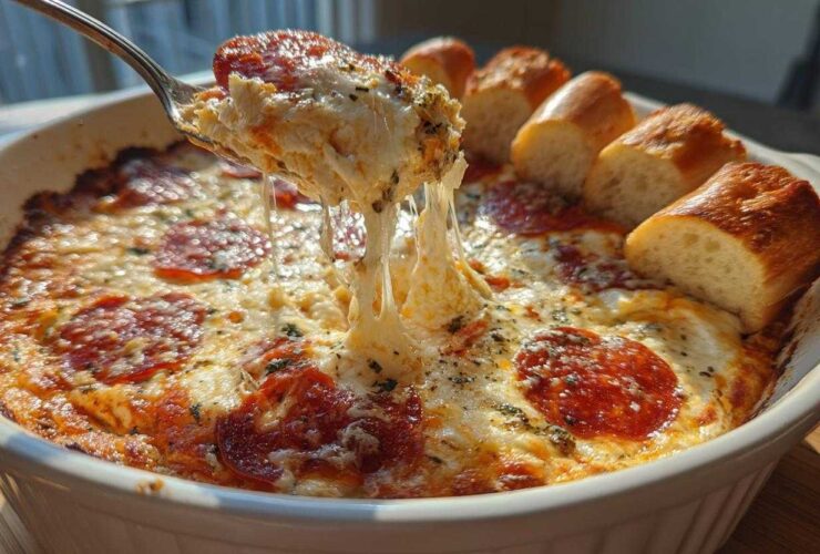 A spoonful of hot Pepperoni Pizza Dip showing a long, gooey cheese pull, served with garlic bread dippers.