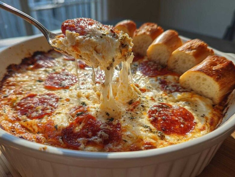 A spoonful of hot Pepperoni Pizza Dip showing a long, gooey cheese pull, served with garlic bread dippers.