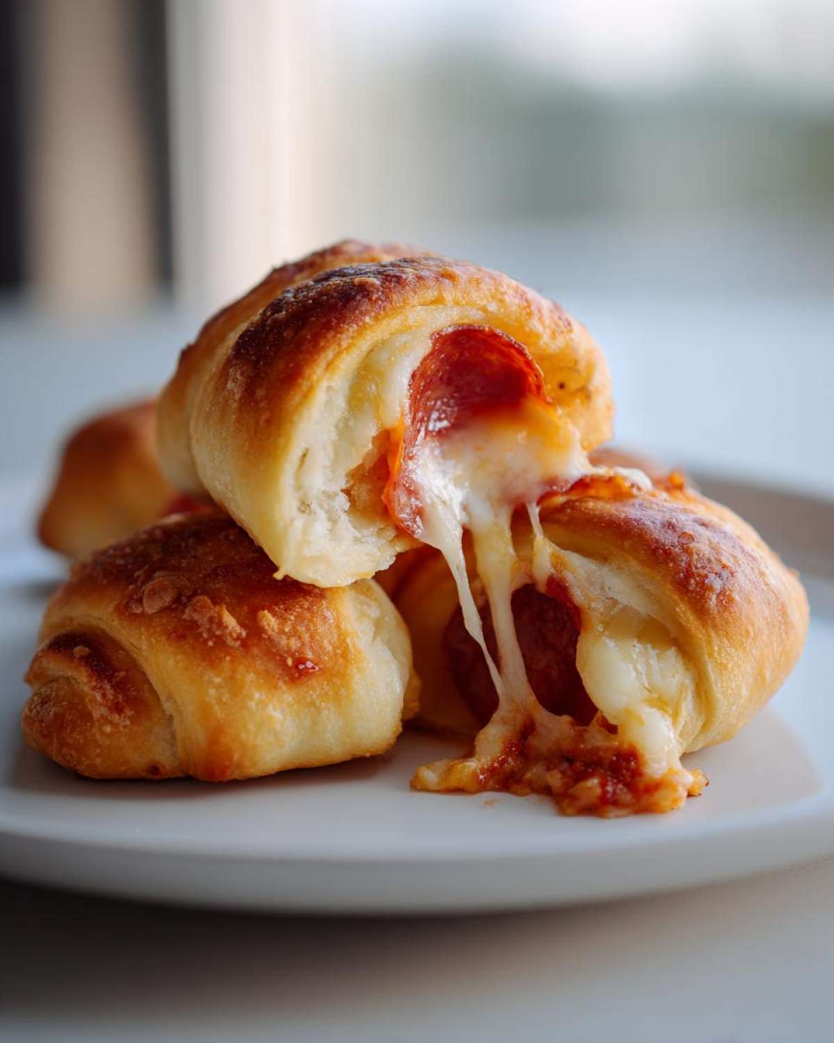 Close-up of Pepperoni Pizza Roll Ups, one broken open showing melted cheese stretching out.