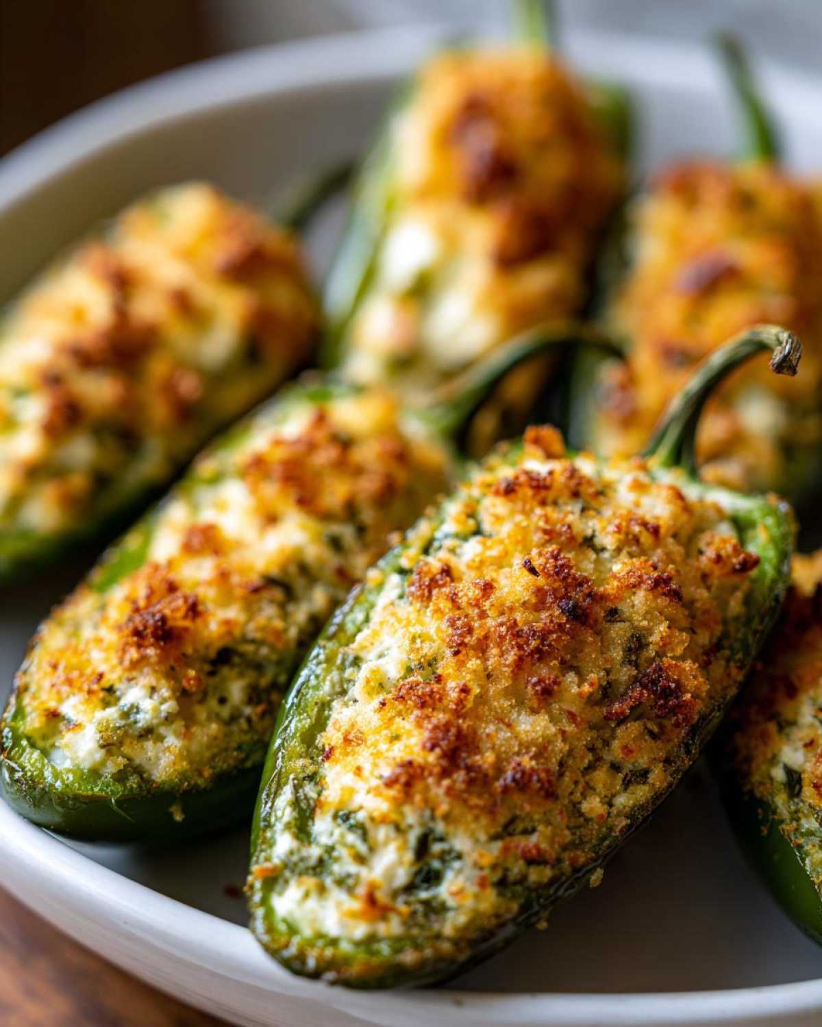 Close-up of baked Pickle Stuffed Jalapeno Poppers filled with creamy cheese and topped with a crispy, golden breadcrumb crust.
