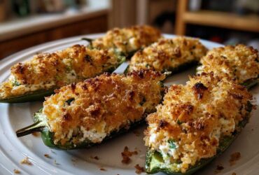 Close-up of baked Pickle Stuffed Jalapeno Poppers with golden, crispy breadcrumb topping on a white plate.