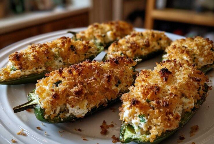 Close-up of baked Pickle Stuffed Jalapeno Poppers with golden, crispy breadcrumb topping on a white plate.