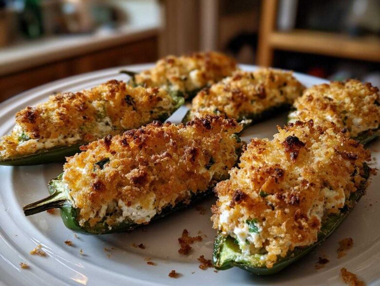 Close-up of baked Pickle Stuffed Jalapeno Poppers with golden, crispy breadcrumb topping on a white plate.