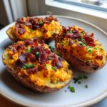 Three baked potato skins generously filled with bright orange Pimento Cheese Stuffed Potato Skins mixture and topped with bacon bits and chives.