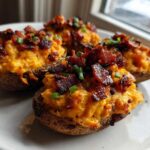 Four Pimento Cheese Stuffed Potato Skins topped generously with crispy bacon bits and fresh chives.