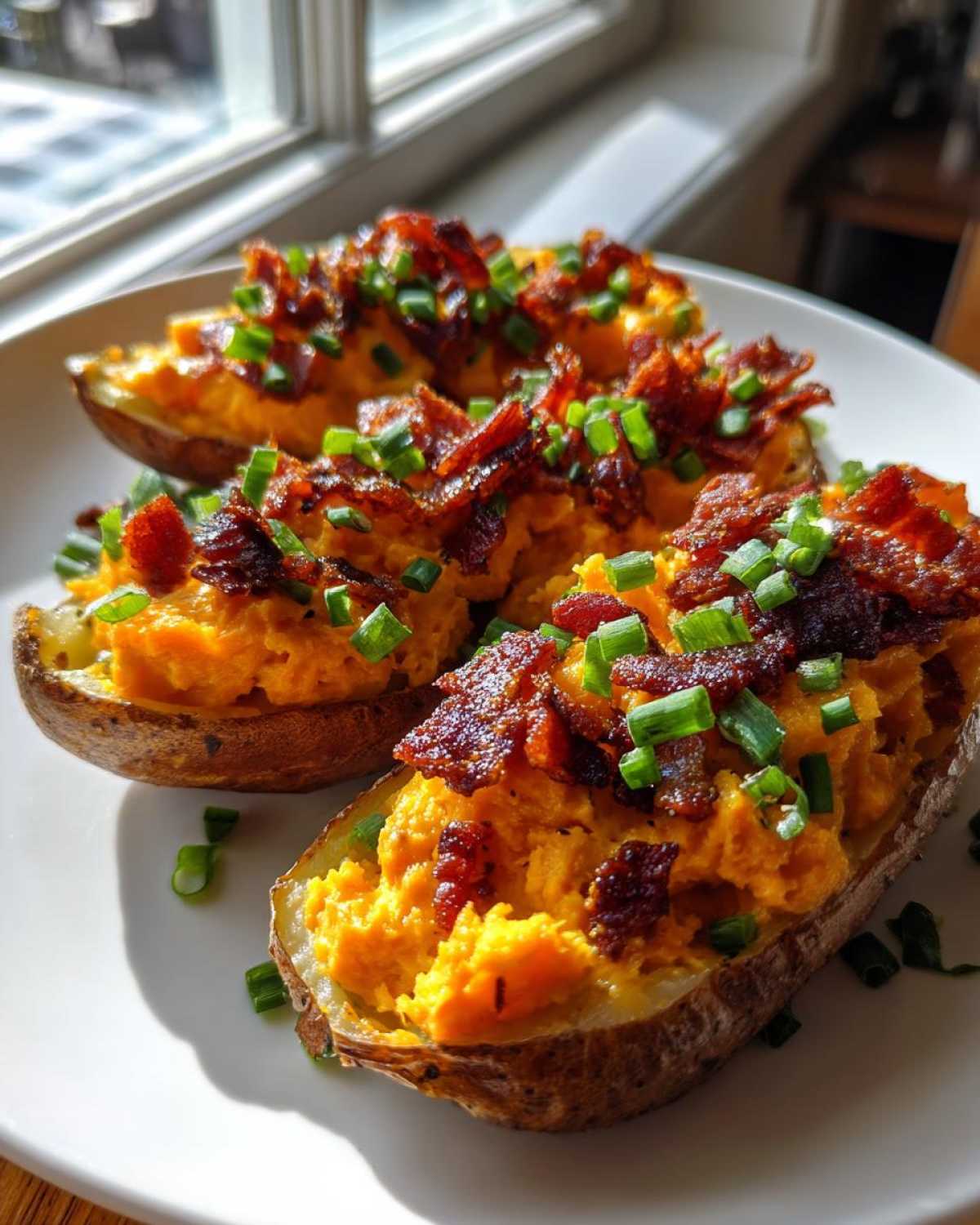 Three Pimento Cheese Stuffed Potato Skins topped with crispy bacon bits and fresh green chives on a white plate.