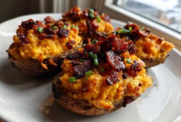Four Pimento Cheese Stuffed Potato Skins topped generously with crispy bacon bits and fresh chives.