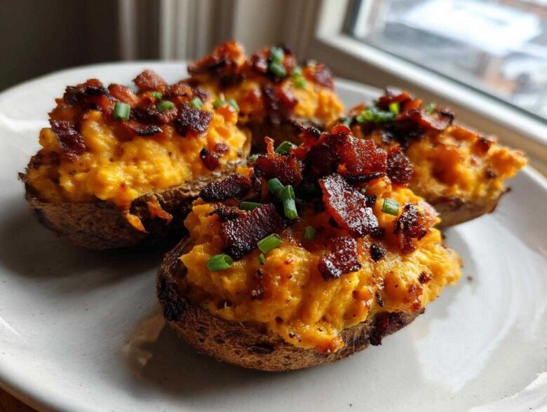 Four Pimento Cheese Stuffed Potato Skins topped generously with crispy bacon bits and fresh chives.