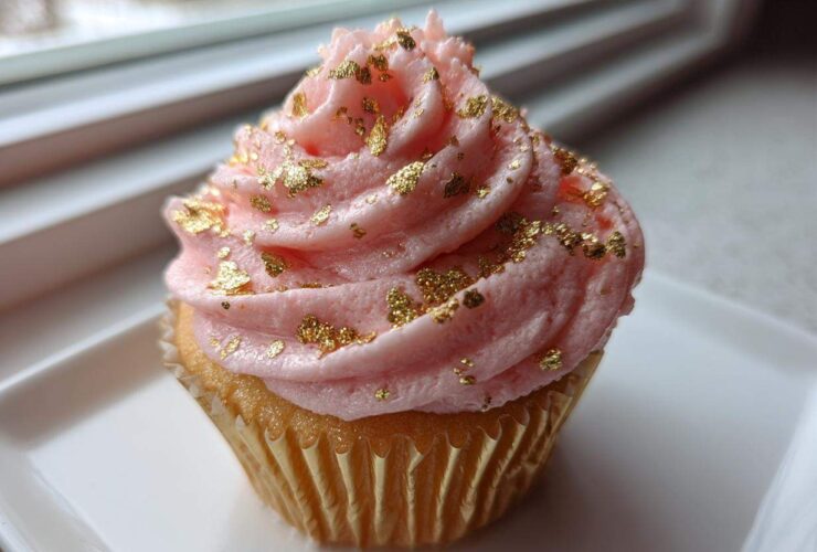A close-up of a Pink Champagne Cupcakes with Gold Sprinkles, featuring pink frosting and edible gold leaf.