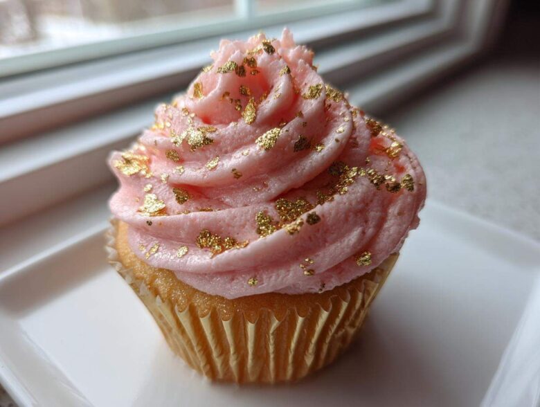A close-up of a Pink Champagne Cupcakes with Gold Sprinkles, featuring pink frosting and edible gold leaf.