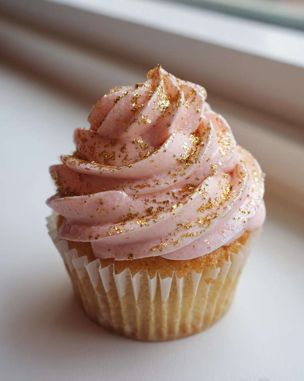 A single, beautifully frosted Pink Champagne Cupcakes with Gold Sprinkles, featuring pink buttercream and edible gold flakes.