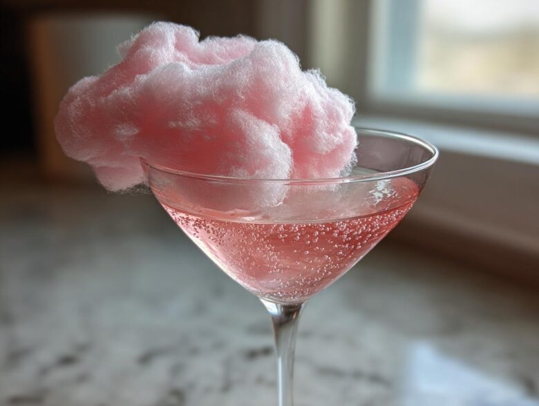 A pink Cotton Candy Martini in a coupe glass, topped with a large puff of pink cotton candy.