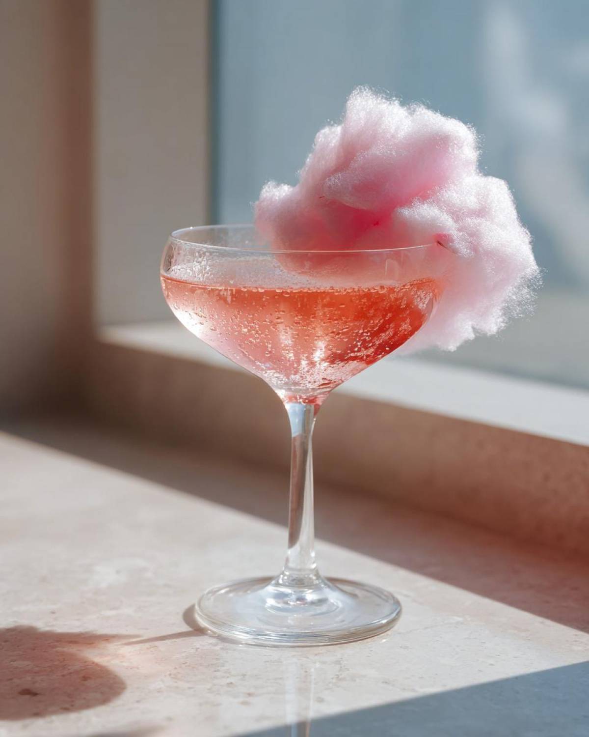 A sparkling pink cocktail, the Pink Cotton Candy Martini, garnished with a large puff of pink cotton candy in a coupe glass.
