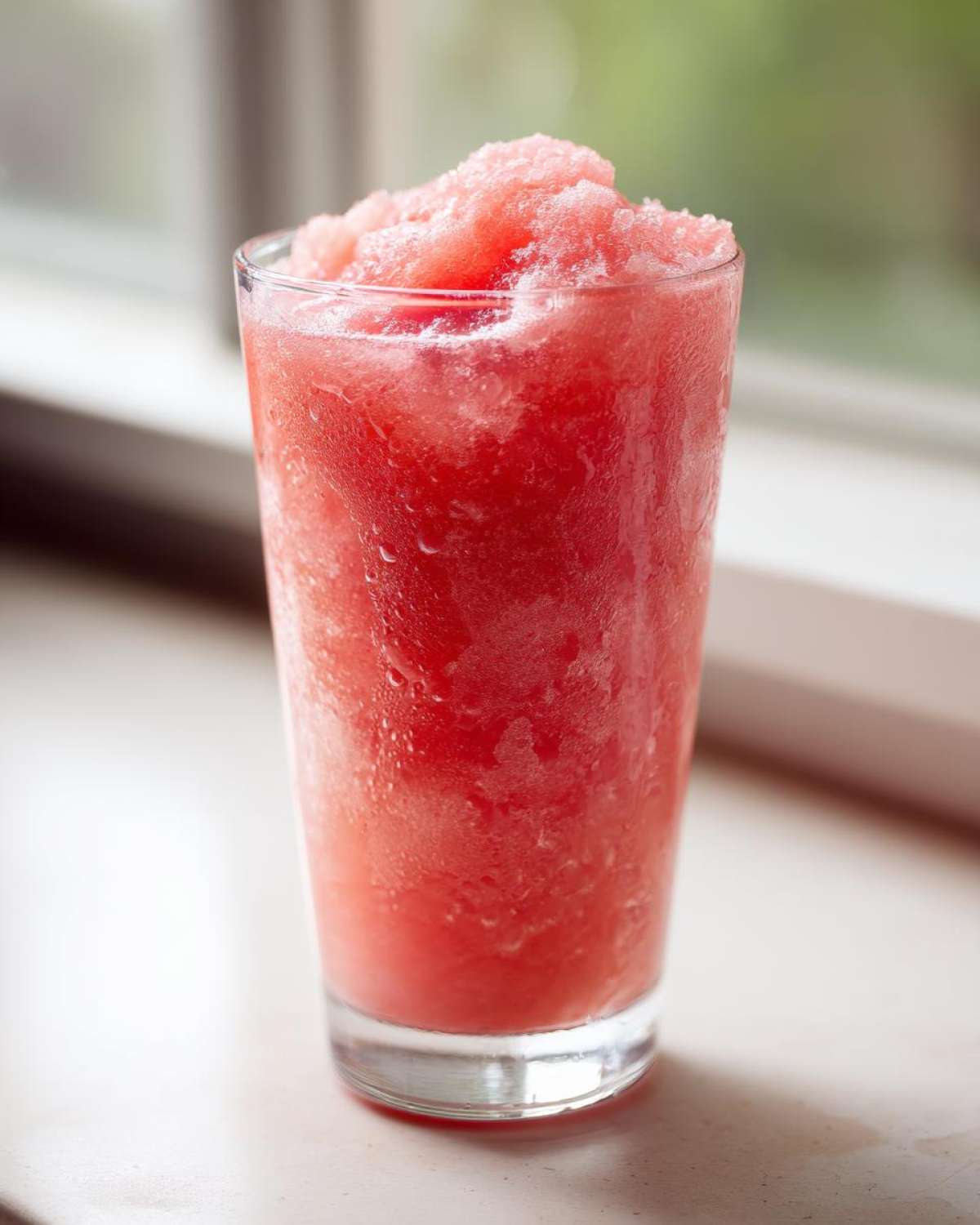 A tall glass filled with a vibrant, icy Pink Lemonade Fruit Slushie, showing condensation on the exterior.