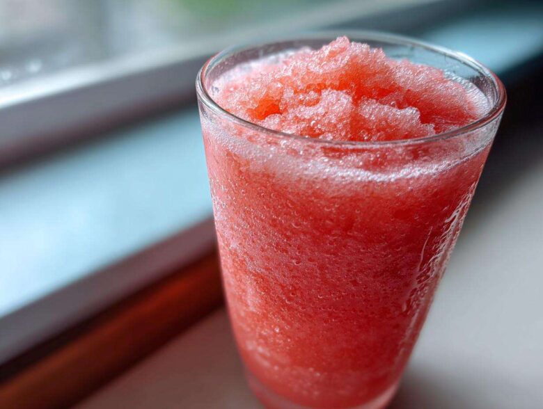 Close-up of a vibrant, icy Pink Lemonade Fruit Slushie filling a clear glass.