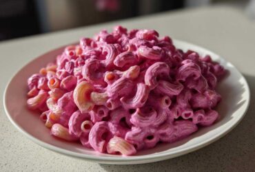 A generous serving of vibrant Pink Macaroni and Cheese, coated in a bright pink sauce, sits on a white plate.