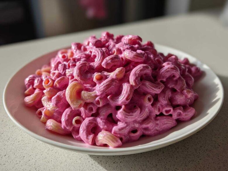 A generous serving of vibrant Pink Macaroni and Cheese, coated in a bright pink sauce, sits on a white plate.