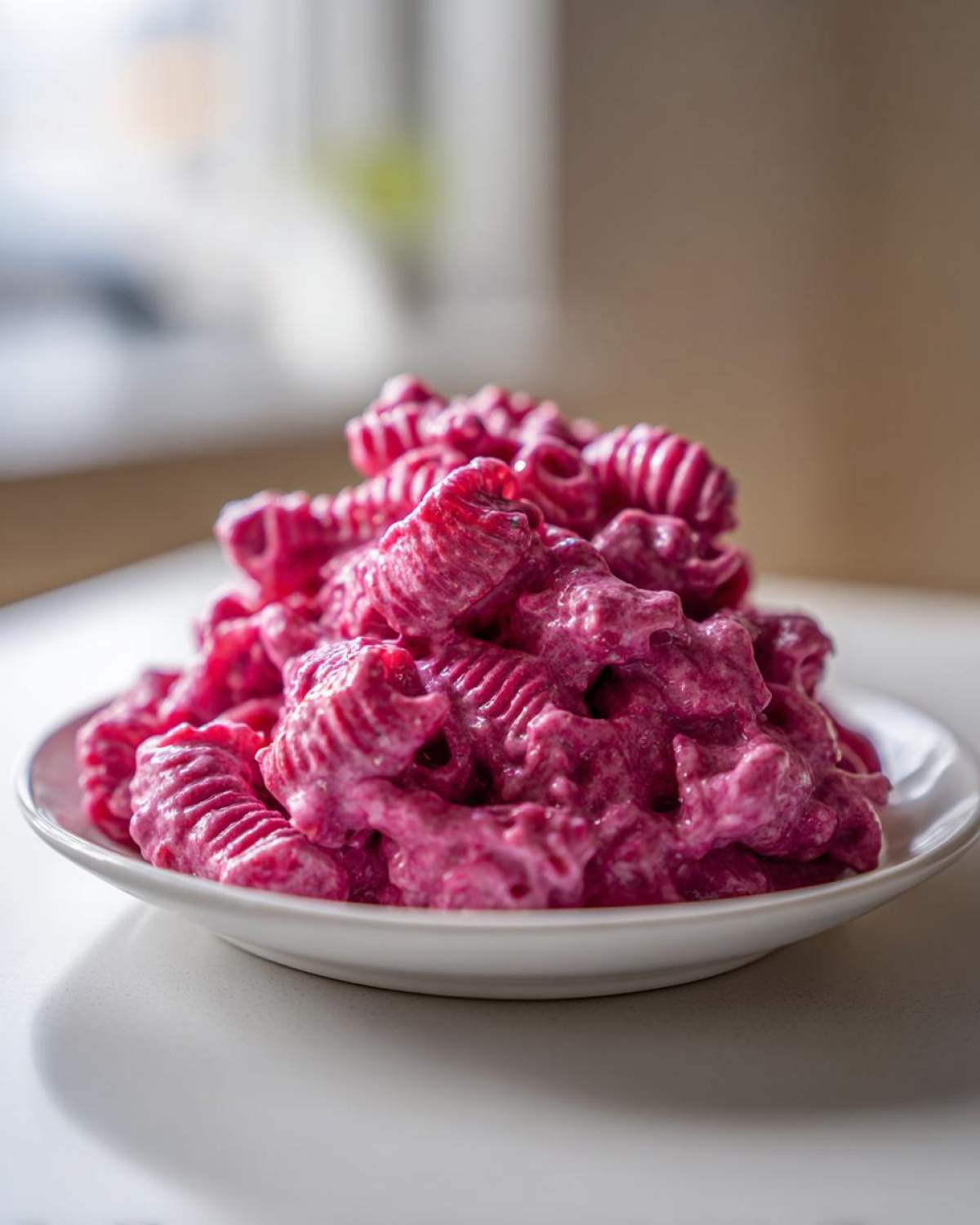 A close-up of ridged pasta coated in bright pink beet-infused cheese sauce: Pink Macaroni and Cheese.