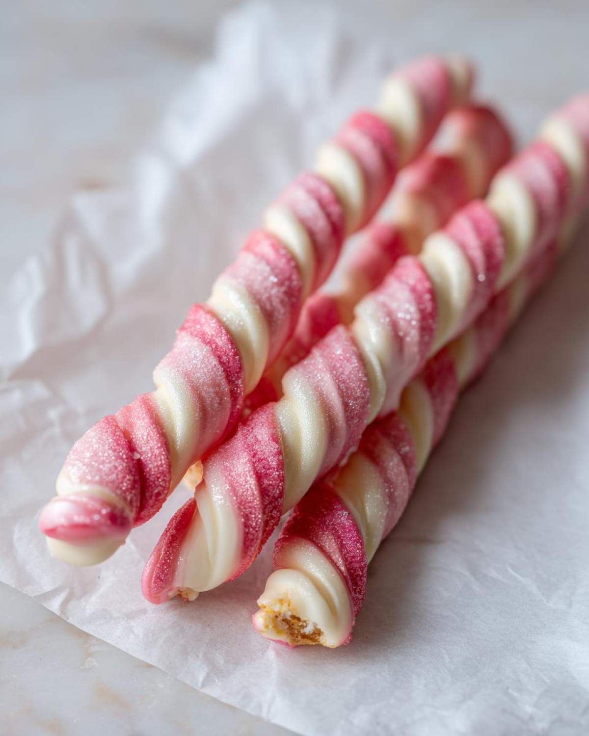 Close-up of Pink White Chocolate Dipped Pretzel Rods, swirled with pink and white coating and sprinkled with sugar.