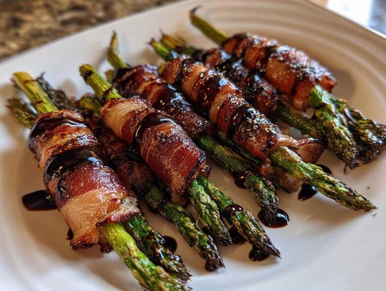 Close-up of cooked Prosciutto Wrapped Asparagus Hearts drizzled with a dark balsamic glaze on a white plate.