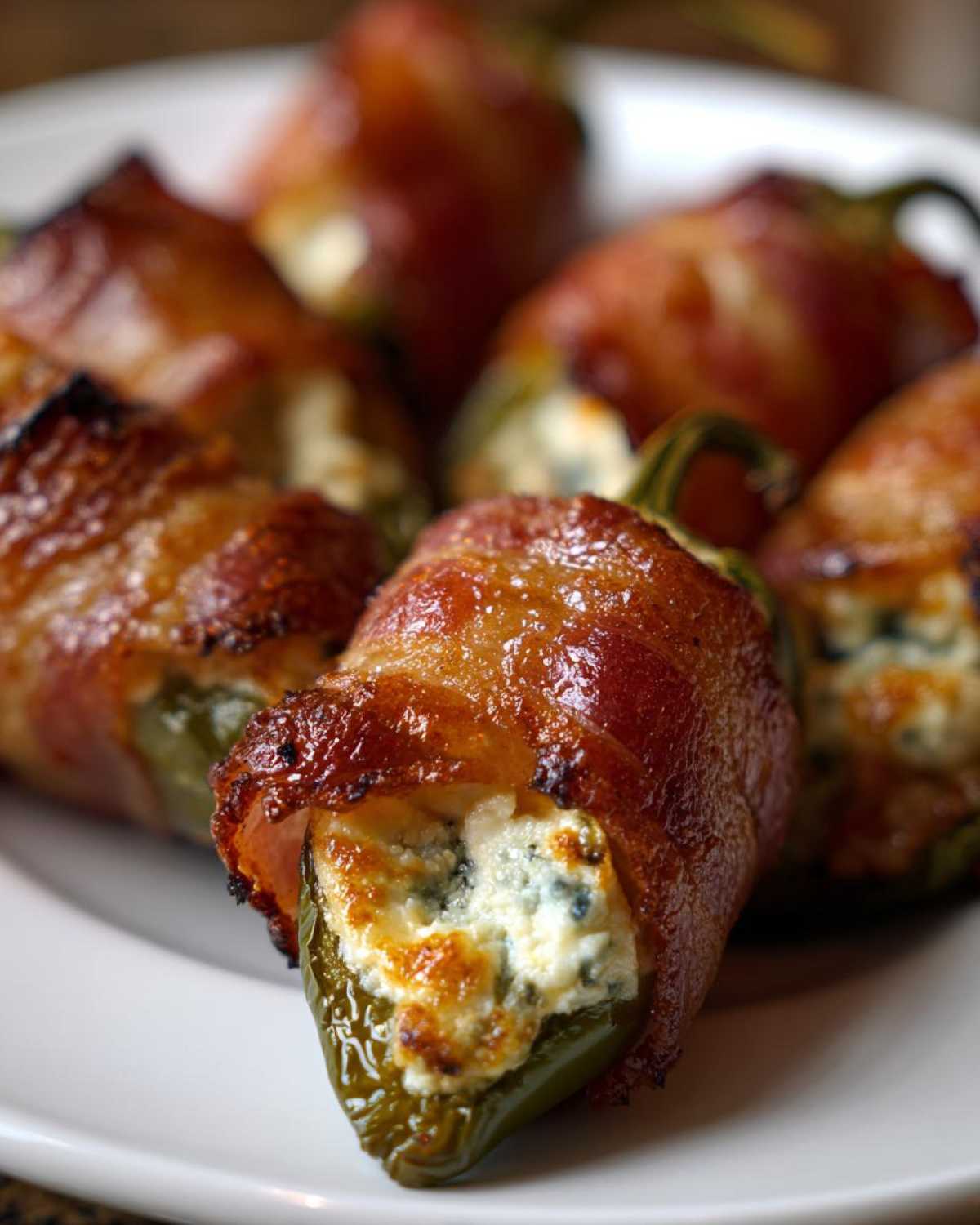 A close-up of several crispy Prosciutto Wrapped Jalapeno Poppers filled with creamy cheese, served on a white plate.