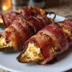 Close-up of three perfectly cooked Prosciutto Wrapped Jalapeno Poppers stuffed with cheese on a white plate.