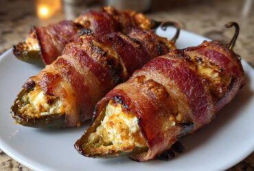 Close-up of three perfectly cooked Prosciutto Wrapped Jalapeno Poppers stuffed with cheese on a white plate.