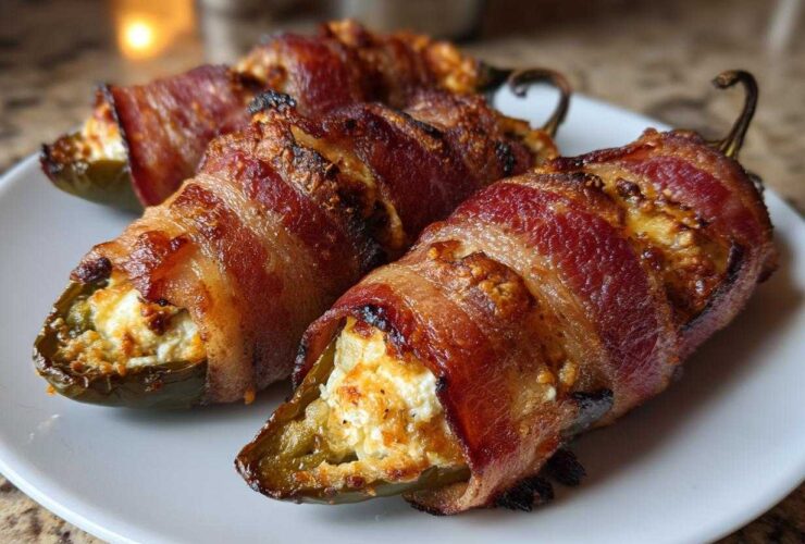 Close-up of three perfectly cooked Prosciutto Wrapped Jalapeno Poppers stuffed with cheese on a white plate.